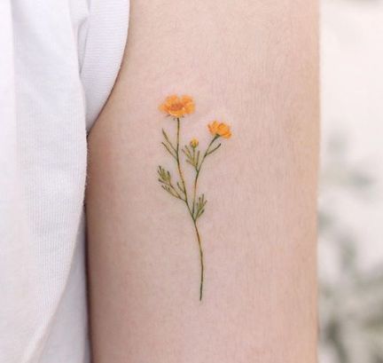 really pretty yellow flowers by @saegeemtattoo on instagram xx i love how delicate and beautiful it is. Small Tattoos For Girls, Tattoos For Girls, Shape Tattoo, Cat Tattoos, Small Girl Tattoos, Tiny Tattoo, Aesthetic Tattoo, Flower Tattoo Designs, Little Tattoos