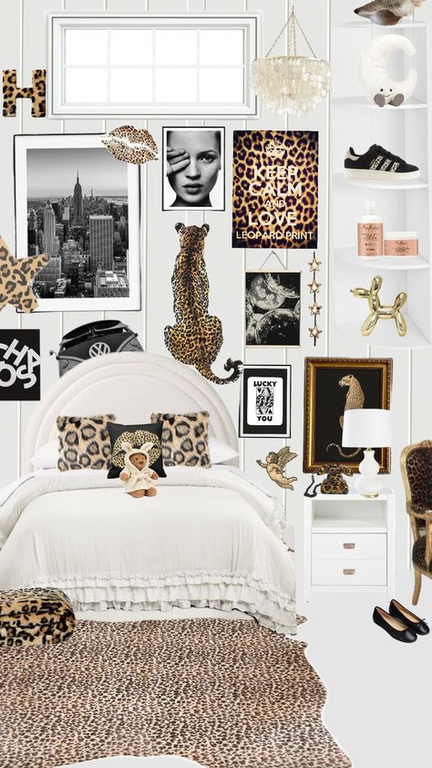 Lepord print bedroom Cheetah Girl Room Aesthetic, Blue And Cheetah Bedroom, Bedroom Ideas Animal Print, Animal Print Room Ideas Bedrooms, Glam Room Decor Ideas, White And Leopard Bedroom, Bedroom Ideas Cheetah Print, Vogue Room Ideas, Room Ideas Leopard