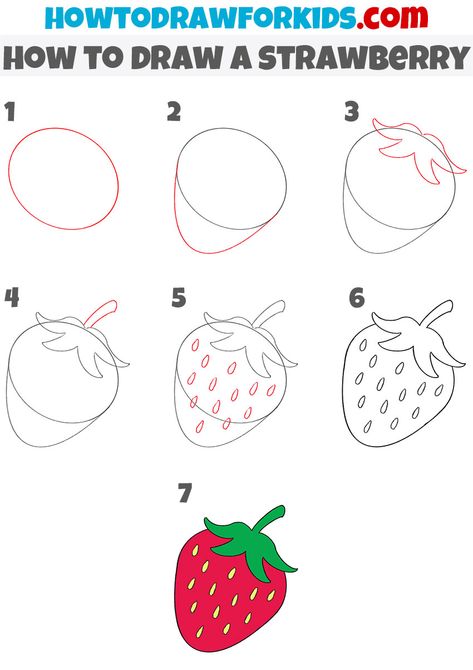 How to Draw a Strawberry - Easy Drawing Tutorial For Kids Easy To Draw Strawberry, Strawberry Tutorial Drawing, Strawberry Sketch Drawing, Mini Strawberry Painting, How To Draw Strawberry Shortcake, Easy Food Drawing Ideas, How To Draw A Strawberry Easy, Stroberry Drawing, How To Draw A Muffin