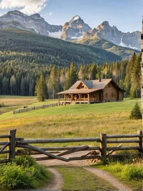 Wyoming Aesthetic House, Montana Cabin Aesthetic, Homestead House Design, Farmhouse Montana, Houses In Montana, Ranch House Aesthetic, Log Cabin Farmhouse, Western Houses, Wyoming Cabin