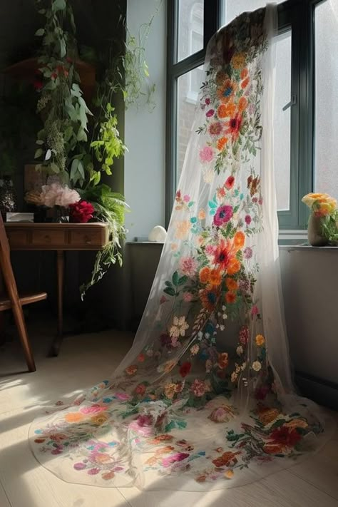 Mexican Embroidered Wedding Veil, Embroider Wedding Dresses, Colourful Wedding Veils, Wedding Gown Floral, Wedding Gown Colors Shades, Wedding Veil Embroidered Flowers, Floral Colorful Wedding Dress, Bridal Veil Floral, Veil With Embroidered Flowers