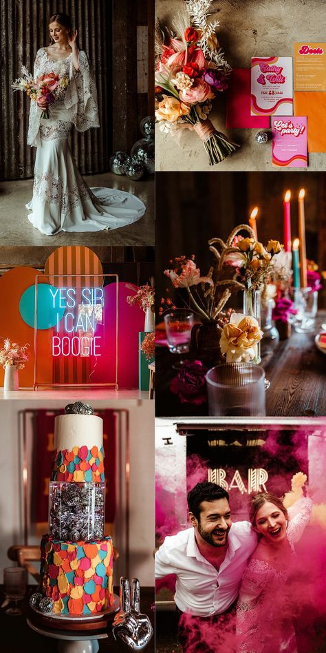 Sunset Disco Wedding, Disco Wedding Reception Decor, Edgy Wedding Decor, Maximalist Wedding Decor, Disco Boho Wedding, Boho Disco Wedding, Neon Wedding Theme, Disco Themed Wedding, Neon Boho