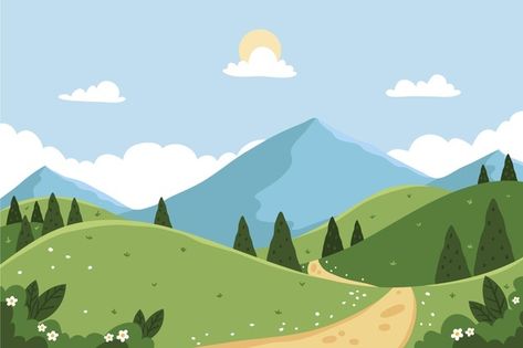 Landscape Clip Art, Nature Cute Drawings, Nature Drawings Landscapes, Spring Landscape Illustration, Simple Landscape Illustration, Nature Illustration Landscapes, Cute Cartoon Landscape, Mountain Illustration Simple, Nature Drawing Simple