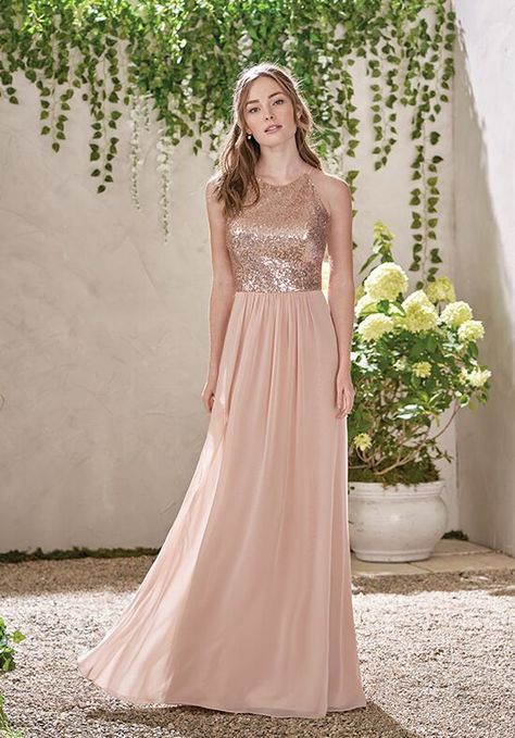 Poly chiffon peach dress with a rose gold sequin bodice and ruching at the top of the skirt. Jasmine Bridesmaids Dresses, Embellished Bridesmaid Dress, Rose Gold Bridesmaid Dress, Rose Gold Bridesmaid, Gold Wedding Dress, Gold Bridesmaid Dresses, Gold Bridesmaids, Dress With Sequins, Red Bridesmaid Dresses