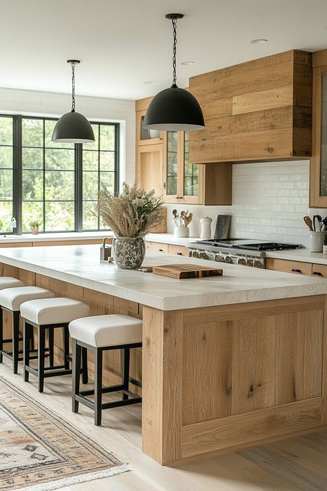 Discover the latest kitchen design with this stunning modern farmhouse vibe. Beautiful wood cabinets and a cozy island for seating add charm and functionality. Perfectly complemented by black pendant lights. #KitchenInspiration #FarmhouseStyle #HomeDecor Driftwood Kitchen Island, Black Natural Wood Kitchen, Large Kitchen No Island, Wood Kitchen Black Island, Kitchen Island Natural Wood, Off White And Wood Kitchen, Tulum Style Kitchen, Oak Cabinets With Black Island, White Black Oak Kitchen