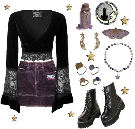 Witchy Outfits 90s, Whismgothic Aesthetic Outfits, Cute Goth Aesthetic Outfits, Whimsigoth Outfit Board, Witchy Vibes Aesthetic Outfits, Y2k Witch Outfit, Witchy Y2k Outfits, Whimsical Witchy Outfits, Whimsi Goth Outfit