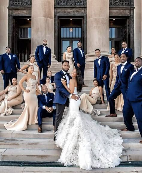 Bright Navy Blue And Champagne Winter Wedding Color Ideas - ColorsBridesmaid Wedding Events Outfits, Teal And Gold Wedding Flowers, Black People Weddings Colors, Wedding Dress Elegant Romantic, Wedding In September Colors, Elegant Wedding Ceremony Outdoor, Wedding Party Outfit Ideas, Black Couple Wedding Party, Wedding Color Ideas Black People