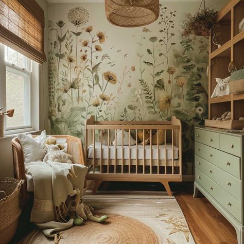 20+ Nature-Inspired Green Nursery Themes for a Serene Baby Space • 333+ Images • [ArtFacade] Nutural Baby Nurserys, Green Woodsy Nursery, Nursery Ideas Mushroom, Gender Neutral Garden Nursery, Nature Inspired Nursery Ideas, Nursery Ideas Garden, Forest Themed Nursery Girl, Vintage Fairy Nursery, Cosy Nursery Ideas