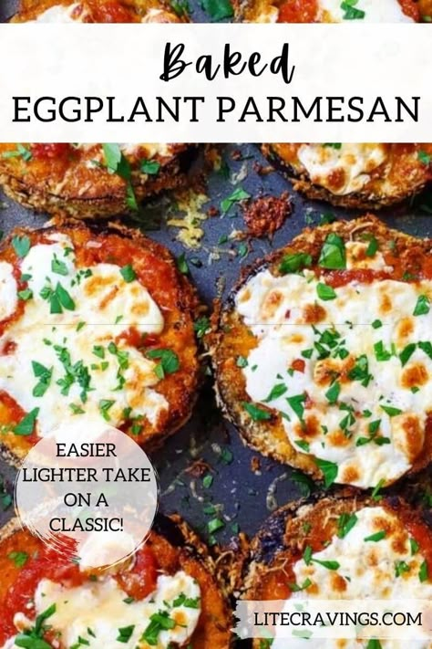 An easy, lighter take on the dish, Baked Eggplant Parmesan has all of the cheesy, crispy goodness of the original without all of the grease. Weight Watchers Eggplant Parmesan, Eggplant Parmesan Vegan, Eggplant Parmesan Easy, Easy Baked Eggplant, Baked Eggplant Recipes, Lite Cravings, Baked Eggplant Parmesan, Recipe Eggplant, Eggplant Recipes Easy