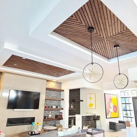 Selhorst Woodworks on Instagram: “Wood on the ceiling?? The answer is YES! . . . #wood #woodceiling #woodworking #woodstain #carpentry #carpenter #ceiling #ceilingdesign…” Siling Dijain Wood, Veneer Groove Pattern Ceiling, Diagonal Ceiling Design, Ceiling With Wood Design, Wood False Ceiling Living Rooms, Ceiling Design Living Room Wood, Ceiling Cladding Ideas, Wooden Ceiling Pattern, Wooden False Ceiling Design For Bedroom