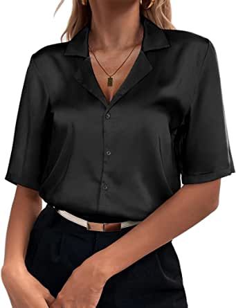 Dressy Shirts For Women Formal, Silk Short Sleeve Button Up, Black Silk Button Up, Black Silk Shirt Outfit, Black Satin Shirt Outfit, Comfy Outfits For Work, Button Shirt Outfit, Short Sleeve Shirt Outfit, Lesbian Clothing