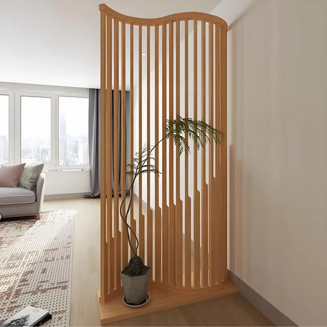 Sleek Surface Designs Curved Nan Bamboo Screen Divider | Wayfair Wood Room Separator, Scandinavian Store Design, Partition Screen Space Dividers, Rattan Partition Design, Wooden Separator Wall Dividers, Wood Slat Divider, Bamboo Partition Wall, Small Room Divider Ideas, Space Divider Ideas