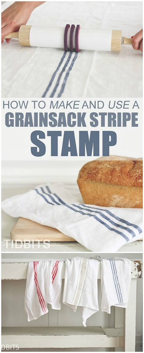 This genius DIY Grainsack stamp tutorial makes the process of making authentic-looking grainsacks so easy! Country Crafts For The Home, Dollar Store Gifts, Hand Stamped Fabric, Drop Cloth Projects, Cuadros Diy, Creative Wall Art, Fabric Stamping, Decor Shabby Chic, Diy Stamp