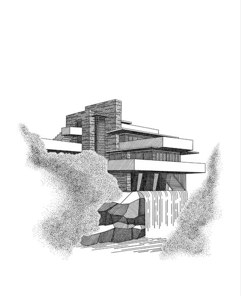 Architecture Drawing 
Architecture Illustration 
Falling Water pen Art Frank Lloyd Wright Architecture Drawings, Falling Waters Frank Lloyd Wright, Drawings Of Architecture, Falling Water Frank Lloyd Wright Sketch, Built Environment Art, Building References Architecture, Waterfall House Frank Lloyd Wright, Falling Water House Drawing, Falling Water Sketch