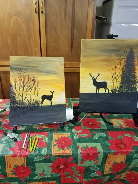 Couples paint night. Painting of a buck and a doe. Easy painting idea. Painting designed by artist Laurie Shooltz Buck And Doe Painting, Painting For Husband, Double Canvas Painting, Double Canvas Painting Ideas, Wedding Couple Painting, Drawing Ideas Couples, Couples Painting Ideas Canvases, Cute Couple Painting Ideas Easy, Couples Paint Night