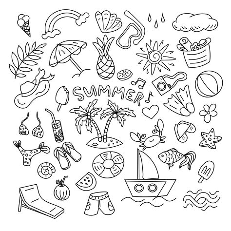 Unleash your creativity! Click the link above to explore our amazing collection of coloring pages. Perfect for relaxation and fun. Start coloring now! 😄🙃😘 Ocean Theme Doodles, June Calendar Doodles, Summer Flash Sheet, Beach Doodles Aesthetic, Summer Simple Drawings, Doodles Themes, Summer Doodles Easy, How To Draw Summer Things, Cheer Doodles