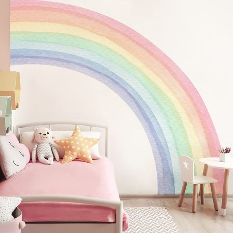 Fabric Peel and Stick Large Rainbow Wall Mural Stickers for Girls, Precut Pastel Half Watercolor Rainbow Wall Sticker Decals for Kids Bedroom Living Room Playroom, 78.74" x 70.87" Pastel Rainbow Wall Mural, Rainbow Accent Wall Girl Rooms, Rainbow Bedroom Girl, Rainbow Mural Kids Room, Girls Bedroom Ideas Rainbow, Rainbow Room Kids Girl Bedrooms, Pastel Rainbow Playroom, Pastel Rainbow Bedroom, Rainbow Girls Bedroom