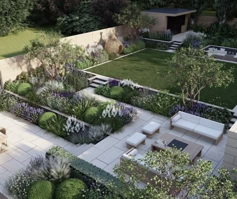 Landscape Tiered Garden, Garden Different Levels, 3 Tiered Garden Ideas, Garden Divider Ideas Landscaping, Garden On Levels, Polly Wilkinson Garden, Sloping Garden Design, Two Tier Patio, Garden Levels Ideas