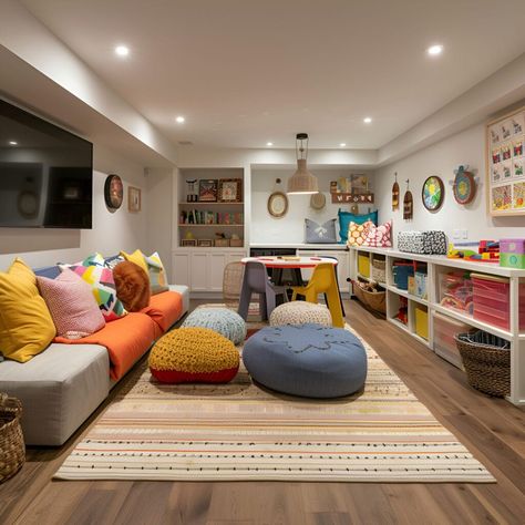 Kids Playroom With Tv And Couch, Playroom Basement Family Room, Basement Family Playroom, Playful Family Room, Living Room Designs Family Friendly, Playroom Multipurpose Room, Windowless Playroom, Colorful Family Home, Cozy Basement Playroom