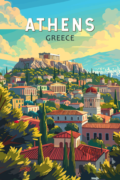 Retro-style illustration of Athens, Greece, featuring the iconic Acropolis perched on a hill with surrounding classical buildings and lush greenery under a bright blue sky with scattered clouds. Athens Travel, Classical Beauty, Greek Travel, Poster Vintage Retro, Travel Collage, Greece Art, Travel Poster Design, Vintage Advertising Posters, Poster City