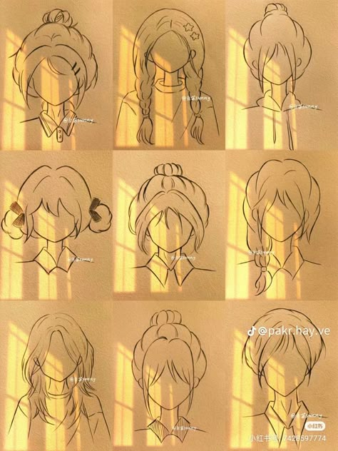 Anime Sketch Easy Tutorial, Korean Hairstyle Drawing, Fancy Hairstyles Drawing, Cute Hairstyle Drawing, Bun Hairstyle Drawing, Sketches Hairstyles, Anime Hairstyles Drawing, Simple Drawings For Beginners, Outfit Sketch Ideas