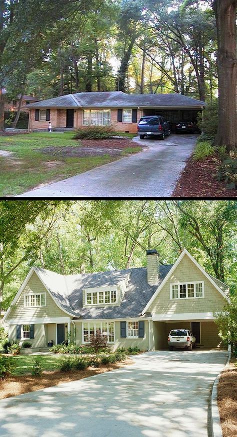 Before and after of a tired, brick, ranch. Hard to believe it's the same house! Exterior Remodel Before And After, House Exterior Before And After, Ranch Renovation, Ranch House Remodel, Exterior House Renovation, Ranch House Exterior, House Makeovers, House Before And After, Exterior House Remodel