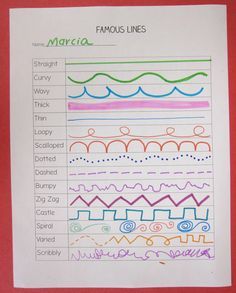 Vocal exploration of melodic contour.... perhaps use Educreations app as "template" to let the kids record the sounds each line makes. Elements Of Art Line, Grade 1 Art, Classe D'art, Art Handouts, First Grade Art, Types Of Lines, Lines And Shapes, Art Worksheets, Art Curriculum