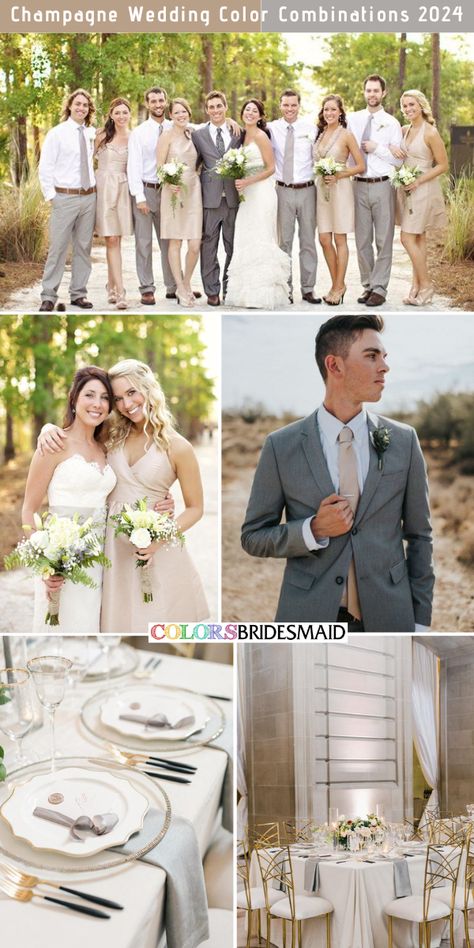 8 Elegant Champagne Wedding Color Combos for 2024 - ColorsBridesmaid Suits That Go With Champagne Dresses, Wedding Party Champagne Color, Champagne And Grey Wedding, Champagne Table Cloth, Champagne Bridesmaid Dresses With Grooms, Champagne Color Palette Wedding, Champagne Wedding Colors Scheme, Champagne Wedding Party, Champagne Wedding Theme