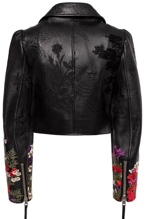 Leather Jacket Unique, Embroidery On Leather Jacket, Alexander Mcqueen Leather Jacket, Embroidery Leather Jacket, Leather Jacket Embroidery, Leather Jacket Back, Leather Jacket Design, Leather Jacket Outfit Fall, Floral Leather Jacket