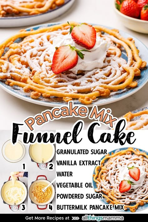 Homemade Funnel Cakes Easy, At Home Funnel Cake, Pancake Funnel Cake, Diy Funnel Cake Pancake Batter, Funnel Cake Recipe Pancake Batter, Funnel Cake Flavor Ideas, Funnel Cake Fries Recipe With Pancake Mix Easy, Peach Cobbler Funnel Cake, Cake From Pancake Mix How To Make