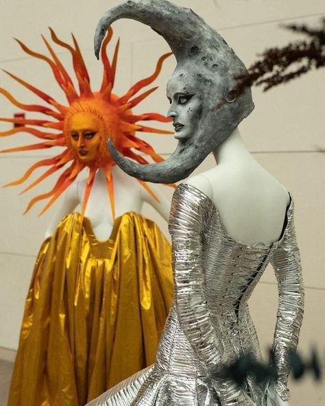 Sun And Moon Masks, Sun And Moon Sculpture, High Fashion Halloween Costumes, Sculpture Costume, Sun And Moon Mask, Cool Halloween Costume Ideas, Hogan Mclaughlin, Sun Outfits, Bill Crisafi