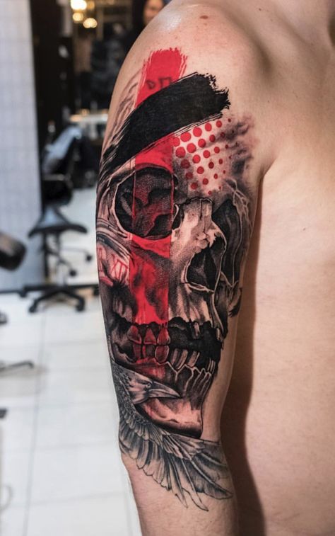 Trash polka skull done by our in house artist Dmitry! Check out more of his work on instagram @dmitry.nyc #tattoo #tattoos #tattoosnyc #skull #trashpolka Trash Polka Skull Tattoo, Trash Polka Skull, Vendetta Tattoo, Realistic Heart Tattoo, Trash Polka Art, Tatuaje Trash Polka, Trash Polka Tattoos, Trash Polka Tattoo Designs, Tattoo Trash