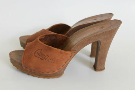 These things were as dangerous to walk in as they were popular. You definitely slipped and fell in these bad boys more than a few times.  Etsy Wooden Heels, Candies Shoes, Childhood Memories 70s, Wooden Clogs, Vintage Memory, Wooden Heel, Childhood Toys, Jelly Sandals, The 70s