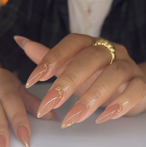 Fall Wedding Guest Nails Ideas Classy, November Nails Almond Shape, Gold French Tip Nails Coffin, Almond Nails On Black Women, Neutral And Gold Nails, Gold Sparkle French Tip Nails, Brown Almond Nails Design, Almond Fall Nails Design, Nails With Leaf Design