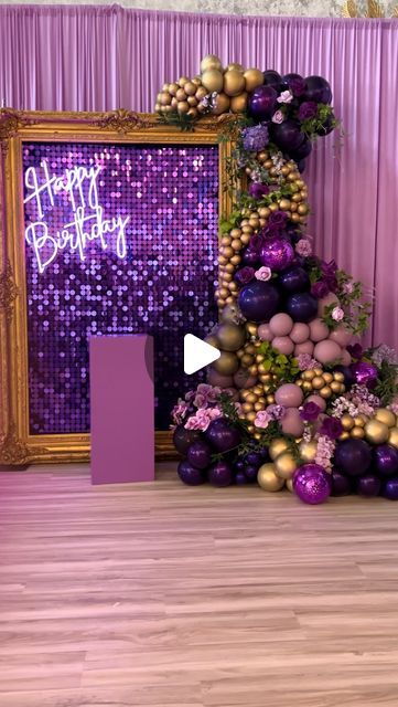 BalloonistaOf Houston on Instagram: "Another highly requested setup💜 With our large Gold frame!! Shades of purple always shine so beautifully💜💜💜  Setup by: @balloonistaofhouston  💜Balloons  💜purple sequence wall 💜gold frame  💜pedestal  💜HBD NEON SIGN  💜floral   #birthdayideas #hbd #purplebirthday #purpletheme #purpleshades #houstonballoonservice #houstonballoondecor #houstonkidsparties #balloonistaofhouston #goldframebackdrop #houstonpartyrentals #houstonballoonartist" Gold And Purple Birthday Decorations, Sequence Wall, Large Gold Frame, 50 Shades Of Purple, Purple Birthday Decorations, Balloons Purple, Balloon Creations, Gold Backdrop, Purple Birthday