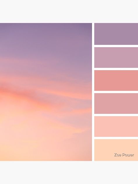 "Dreamy Sunset Skies Colour Palette" Art Board Print by zoepower | Redbubble Sunset Colour Pallet, Pastel Sunset Color Palette, Sunrise Colour Palette, Dreamy Colour Palette, Sunset Wedding Color Palette, Sunset Bedroom Aesthetic, Sky Colour Palette, Dusk Color Palette, Colour Mood Boards