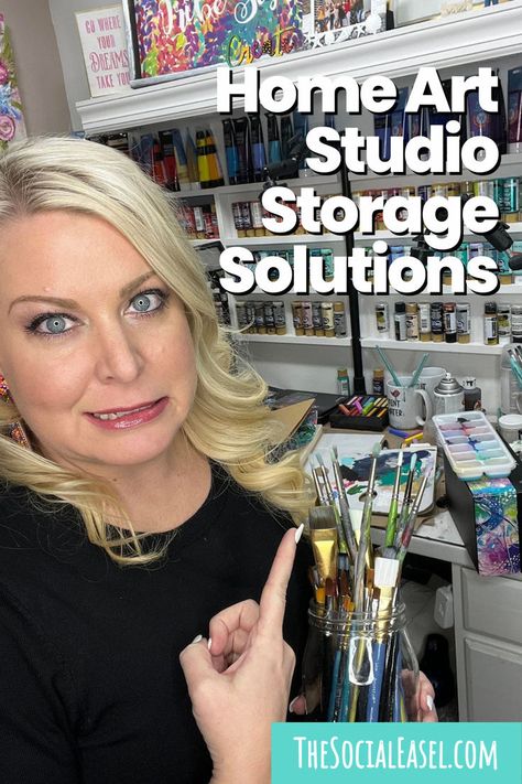 Christie Hawkins in her studio showing storage solutions. Painting Supplies Organization, Artist Studio Organization, Artist Studio Storage, Easy Diy Canvas Painting, Acrylic Paint Storage, Studio Room Ideas, Social Easel, Beginner Acrylic Painting, Artist Studio Space