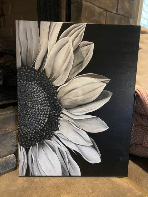 First black and white canvas painting. #Sunflower #Acrylic painting Large Black Canvas Painting Ideas, Acrylic Painting In Black Canvas, Canvas Painting Ideas On Black Canvas, Black White Oil Painting, Painting Sunflowers On Canvas, Abstract Art Acrylic Canvases, Black And White Flower Painting Acrylic, Sunflower On Black Canvas, Black And White Sunflower Painting