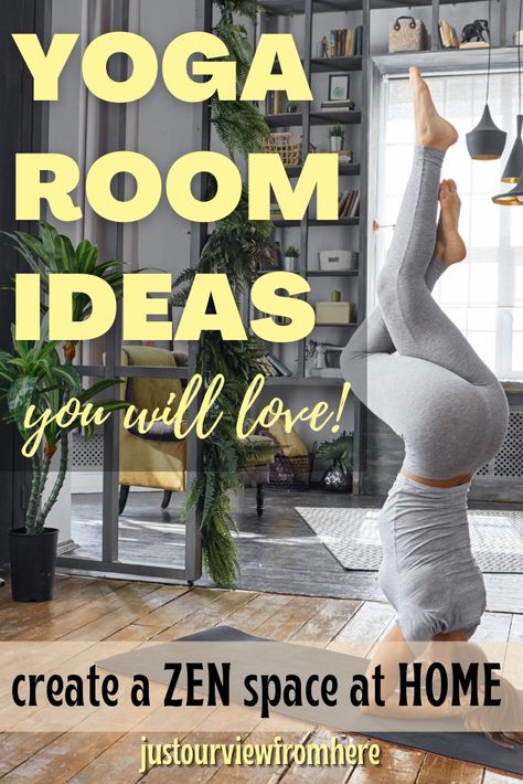 woman doing yoga at home, text overlay yoga room ideas you will love, create a zen space at home Yoga Space In Living Room, Yoga Corner At Home Ideas, Home Yoga Studio Design Ideas, Zen Room Ideas Meditation Decor, Home Yoga Aesthetic, Zen Yoga Room Ideas Home, Small Yoga Room At Home, Office And Yoga Room Combo, Small Home Yoga Room