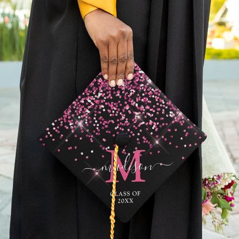 $22.05 | Pink Confetti Monogram Name Graduation Cap Topper #graduation, graduate, trendy, typography, monogram, name and initial, girly, monogrammed, pink sparkly confetti, class of 2023 Graduation Cap Designs Black, Unique Graduation Cap Designs, Bedazzled Graduation Cap, Graduation Hat Designs, Glitter Graduation Cap, Graduation Cap Decoration Diy, Custom Graduation Caps, College Graduation Cap Decoration, Silver Confetti