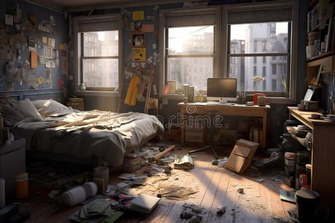 A messy bedroom with lots of clutter on the floor. Generative AI image. royalty free stock photos Messy Room Concept Art, Bedroom Reference Photo, Immersive Bedroom, Concept Art Bedroom, Messy Room Art, Messy Room Drawing, Messy Apartment Aesthetic, Crowded Bedroom, Messy Bedroom Aesthetic