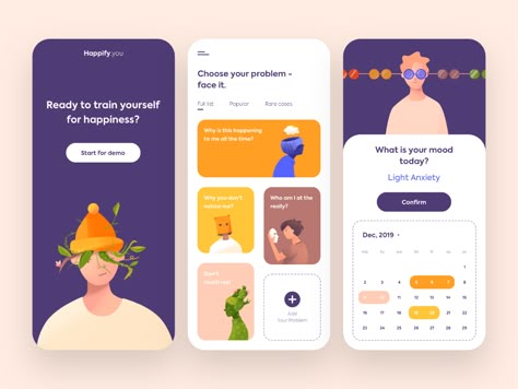 Mobile App - Happify by Outcrowd on Dribbble Apps Design Ideas, Home Page App Design, App Ideas Inspiration, App Home Page Design, Creative App Design, การออกแบบ Ui Ux, To Do App, App Mobile Design, Health Apps