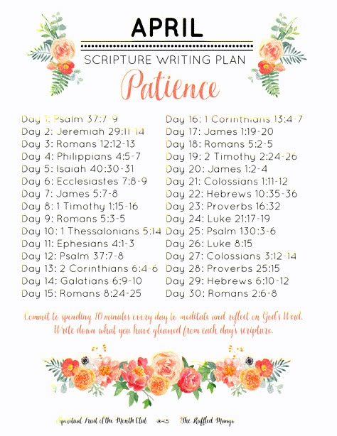 April Scripture Writing Plan: Patience - The Ruffled Mango April Devotions For Women, April Bible Writing Plan, Scripture Writing Plans 2024, Monthly Scripture Writing Plan 2024, Scripture Writing Plan, Daily Devotional For Women, May Scripture Writing Plan 2024, April Bible Reading Plan, April Scripture Writing Plan 2024