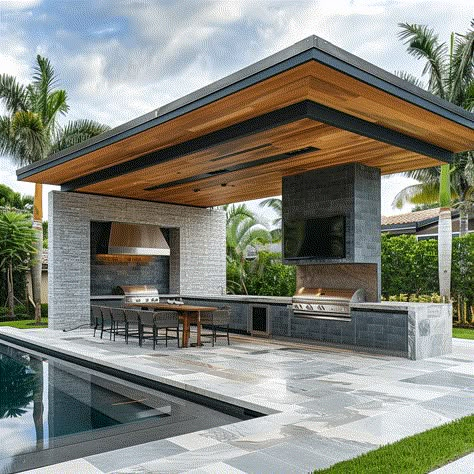 30 Modern Florida outdoor kitchen design ideas Outdoor Ideas Small Spaces, Exterior Space Design, Modern House Backyard Design, Outside Kitchen Ideas Covered Patios, Covered Pool Ideas, Outside Kitchen Ideas Outdoor Spaces, House Backyard Design, Out Door Kitchen Ideas, Florida Outdoor Kitchen