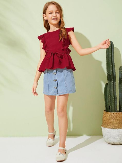 SHEIN Girls Ruffle Trim Belted Peplum Top | SHEIN Peplum Top For Kids, Peplum Outfits, Simple Summer Dress, Satin Pleated Skirt, Cotton Frocks For Kids, Simple Summer Dresses, Cotton Frocks, Tiered Tops, Simple Summer