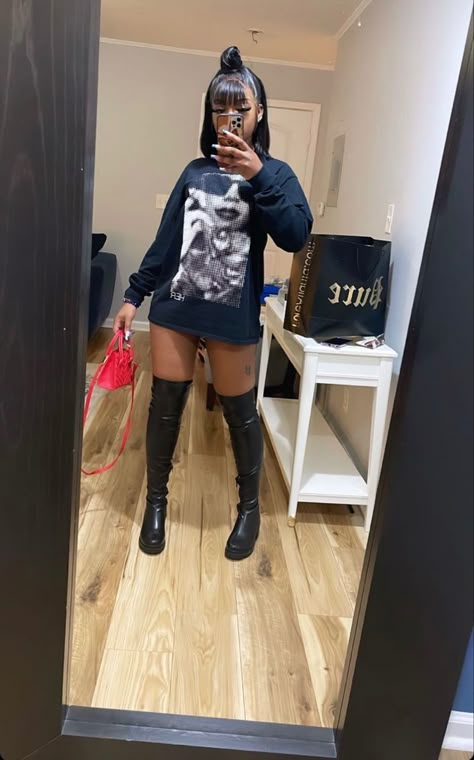 Shirt Dress With Knee High Boots, Baddie Outfits Party Night Winter, Shein Boots Outfit, Thigh High Sequin Boots Outfit, Baddie Outfits Boots, Black Leather Boots Outfit Black Women, Long Sleeve Graphic Tees Outfit Baddie, Outfits With Black Thigh High Boots, High Knee Boots Outfit Black Women