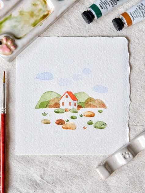 Cute watercolor illustration Easy Watercolor Illustration, Simple Watercolor Illustration, Mini Landscape Watercolor, Easy Watercolor Paintings For Beginners Simple Flowers, Watercolor Doodle Ideas, Watercolor Simple Art, Simple Water Coloring Ideas, Cute Watercolor Paintings Easy, Simple Watercolor Ideas