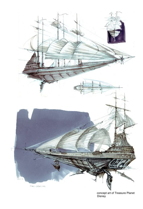 Treasure Planet Concept Art, Planet Concept Art, Steampunk Ship, Airship Art, Flying Ships, Fantasy Ships, Fantasy Vehicles, Flying Ship, Air Ship