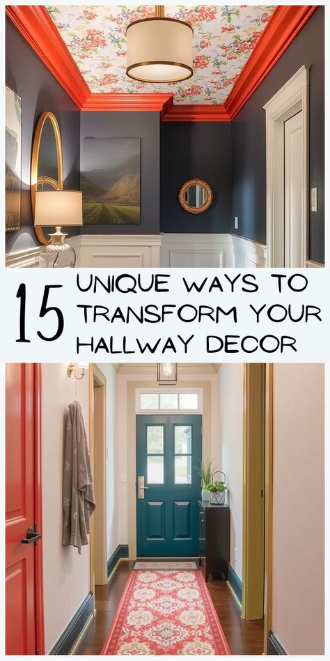 Make the most of your hallway space with these 15 creative decorating ideas that will brighten your home and impress your guests. Small Wall Ideas Hallways, Narrow Hallway Painting Ideas, Small Hallway Molding Ideas, Upstairs Hallway Paint Ideas, Green Accent Wall Entryway, Photo Hallway Ideas, Stairway Hallway Ideas, Boho Hallway Wall Decor, Hallway Door Color Ideas