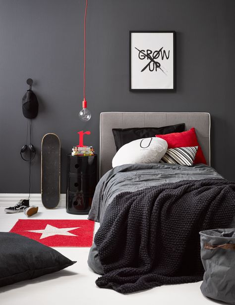 Red And Black Themed Bedroom, Red Black Gray Bedroom, Black And Red Boys Bedroom, Black White And Red Bedroom, Black Red Bedroom, Red Boys Room, Red Boys Bedroom, Monochrome Room, Monochrome Bedroom